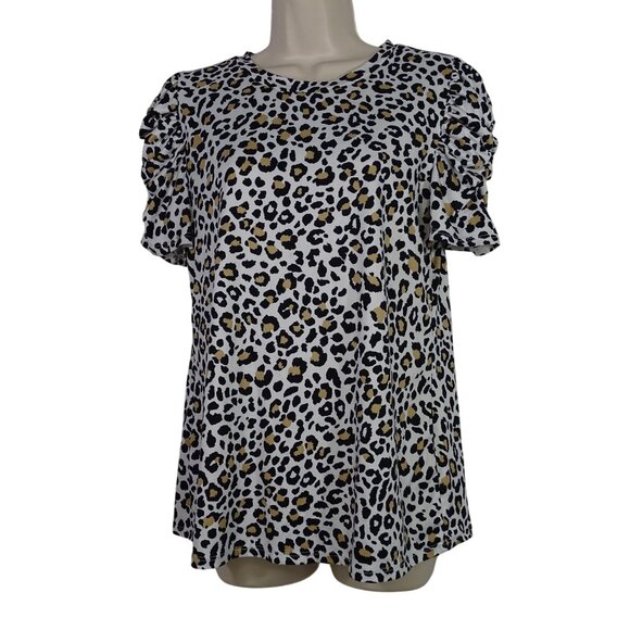 Les Amis Leopard Animal Print Ruffle Short Sleeve Top Women Size L Crewneck - Picture 2 of 9